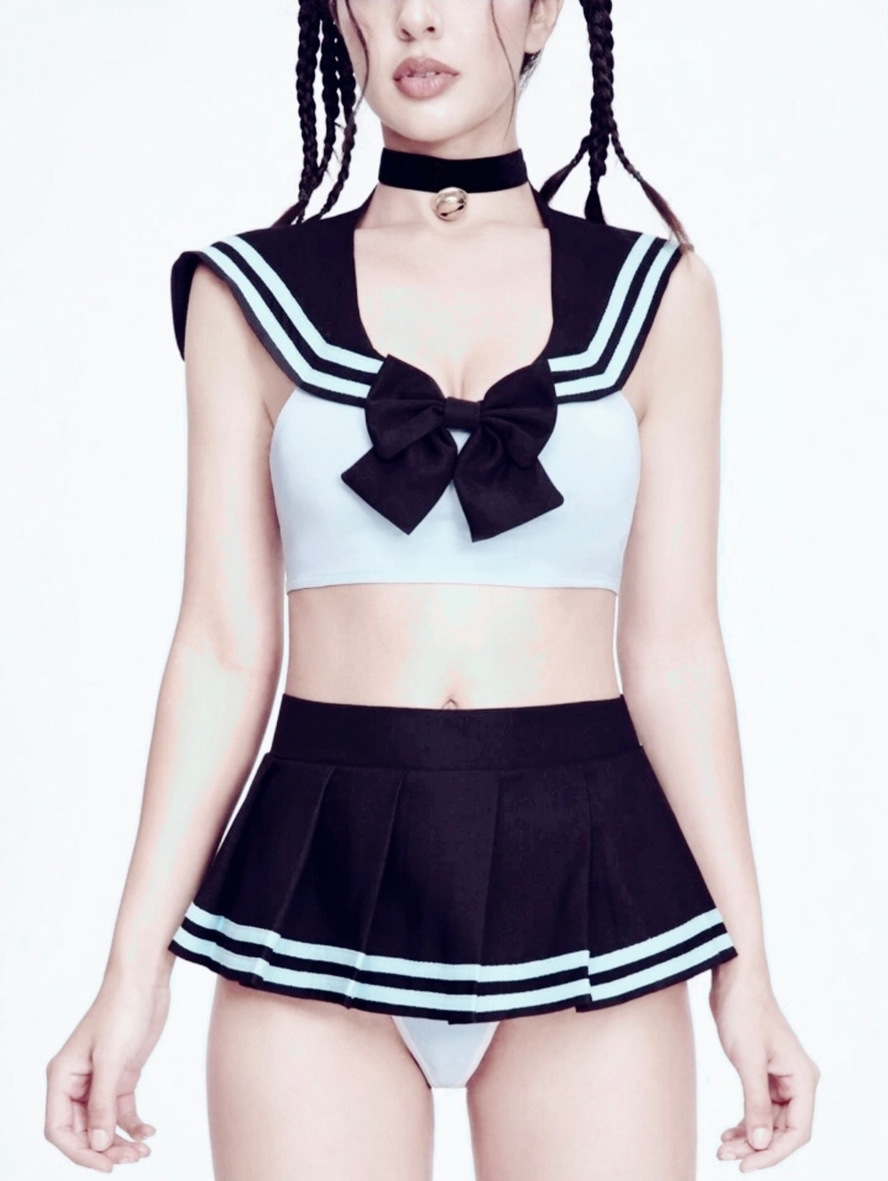 Black & White, J-Fashion Sailor Uniform Lingerie Set With Top, Skirt & Thong 2XL